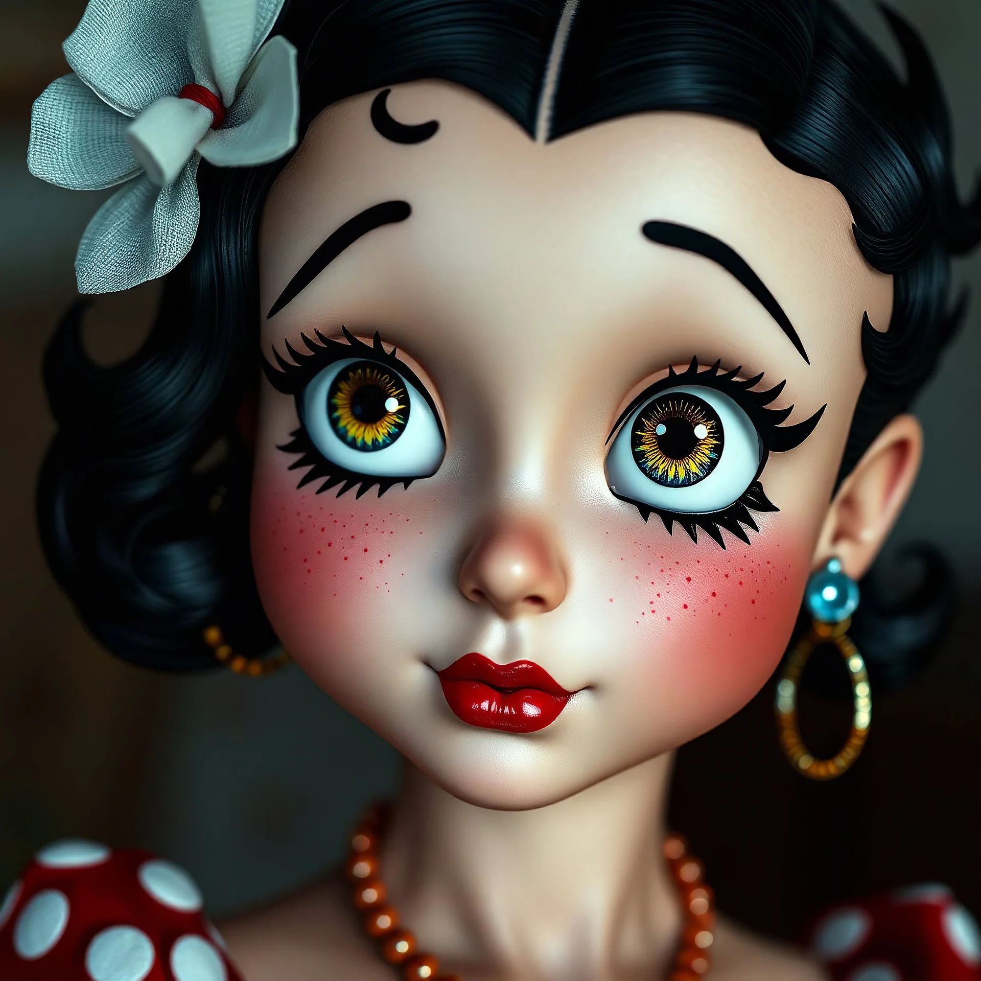 Very realistic close up of betty boop as a human, with freckles