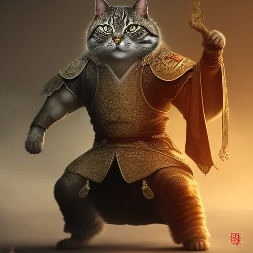 Character design, anthropomorphic cat dressed as a Shaolin, dark, evil, furious, epic, intricate details, finely detailed armor, silver, golden