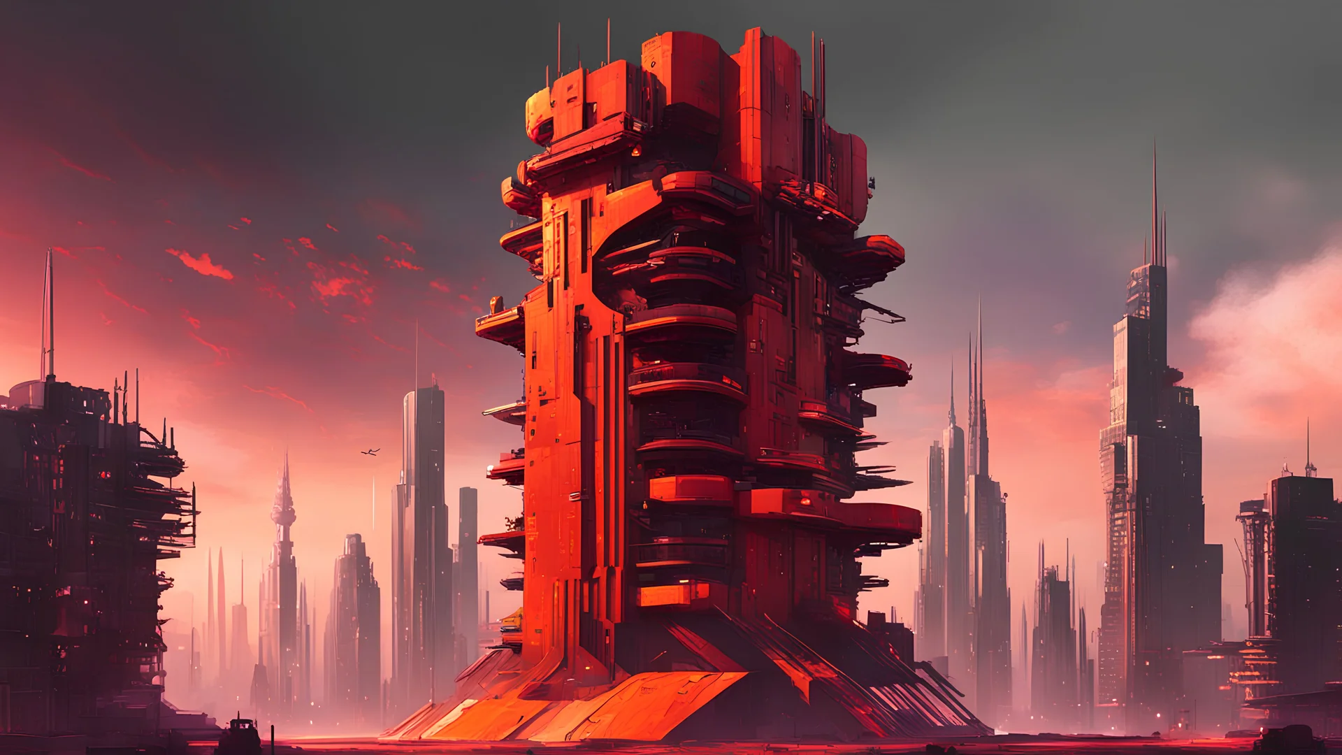 A cyberpunk style tower in red and orange