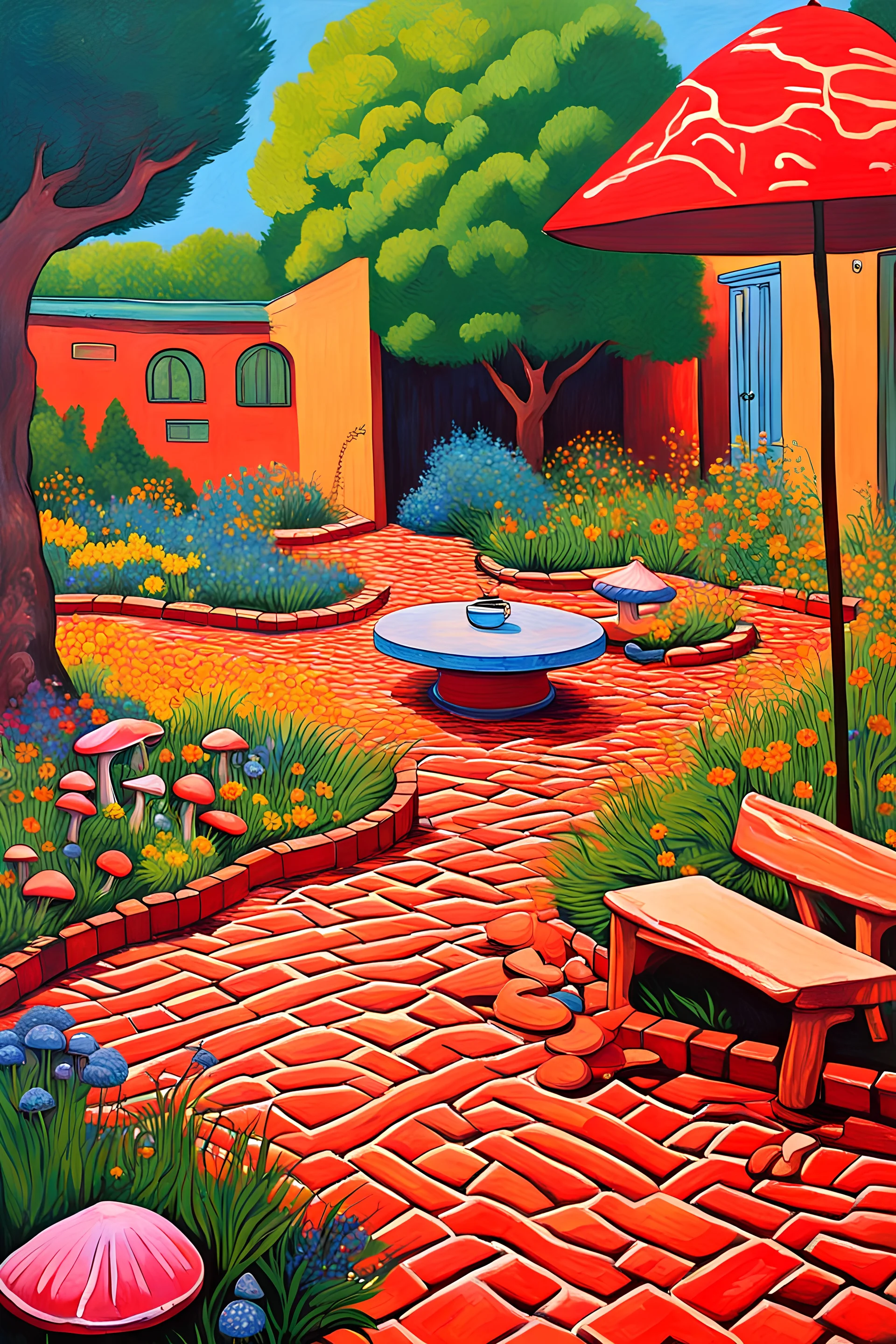 painting of a psychadelic colourful natural courtyard with brick road and grass, flowers and trees, mushrooms, round coffee table with shade and umbrella by van gogh and andy warhol infusion. plants are alive like living beings with arms and legs. terracotta style