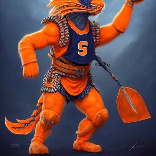 Otto the orange syracuse mascot as a fierce warrior in full navy blue and orange battle armor, a highly detailed illustration, background of Inka jungle, realistic render, 8 k, micro detail, intricate, elegant, centered, digital painting, Artstation, smooth, sharp focus, illustration, artgerm, tomasz alen kopera, peter mohrbacher, donato giancola, joseph christian leyendecker, wlop, boris vallejo