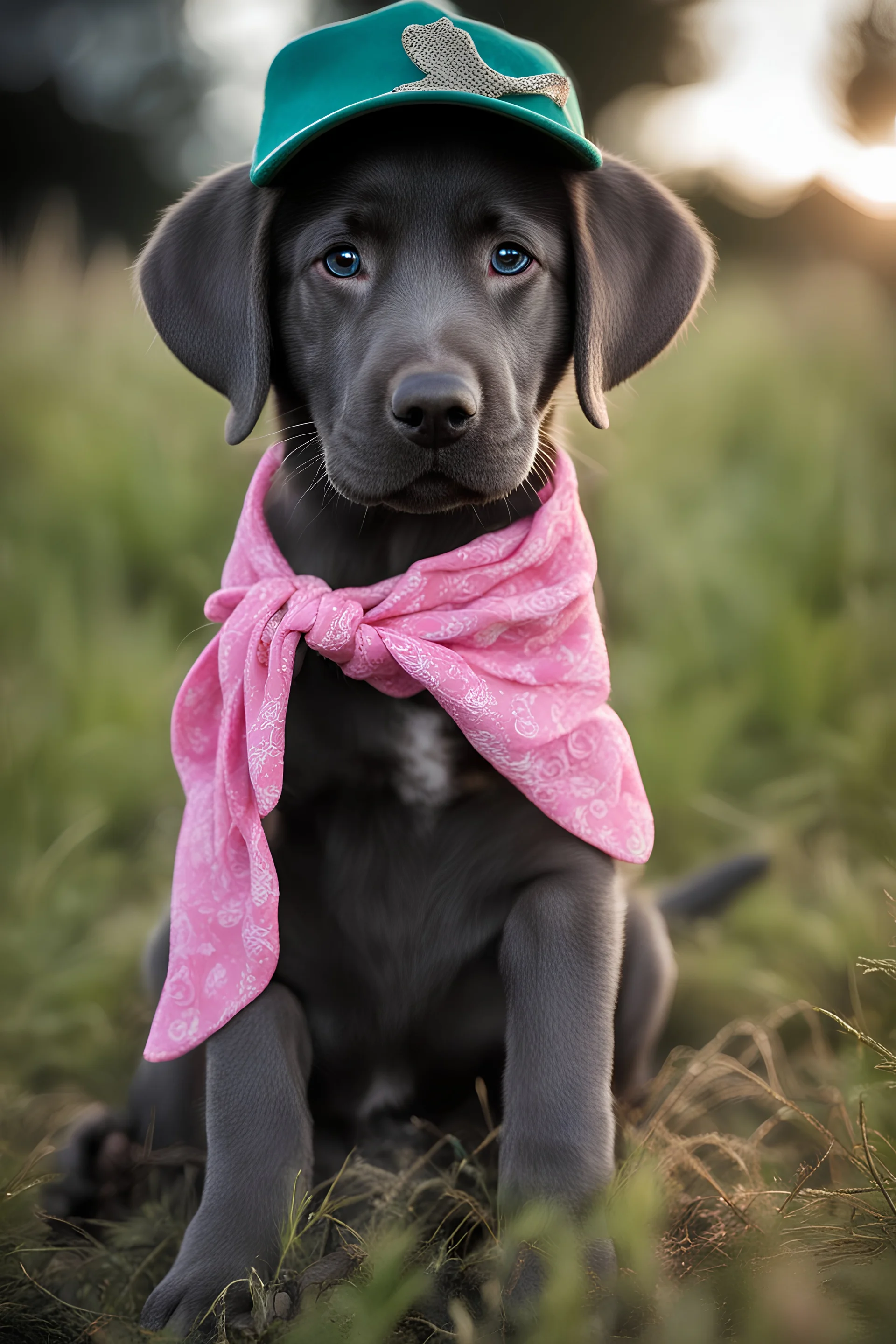 A dark gray Labrador retriever puppy with a sea-green eyes, wearing pink cowboy hat and pink bandana, sitting in a field