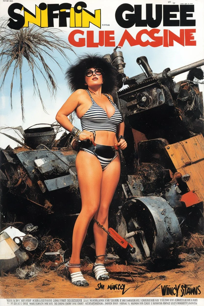 SNIFFIN’ GLUE magazine high res photo cover by Ralph Steadman: special issue #7832 (April 1983) on chainsaw to home DIY [tinkering and gardening at home], guest star: Wincey Willis, she is impressive, she stands in the junkyard a chainsaw in hand, in her striped revealing swimsuit