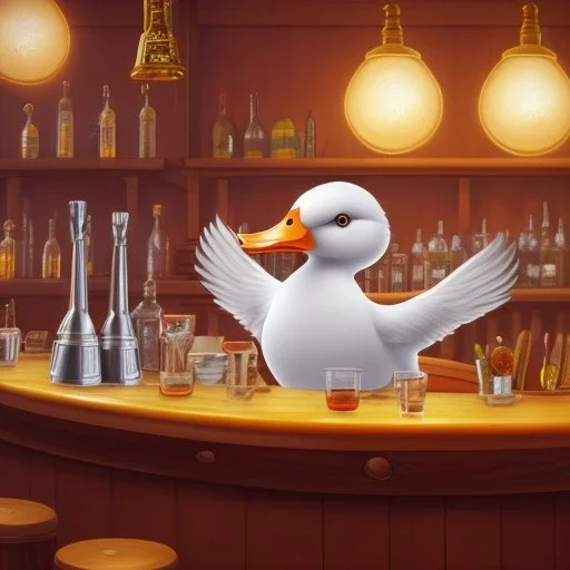 An White Duck Being a Bartender in a Tavern