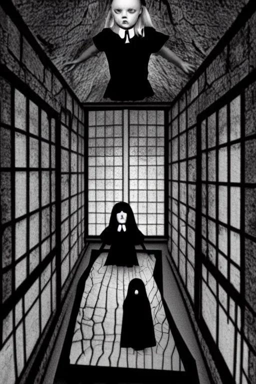 Wednesday Adams in 3d scary dark room Escher style