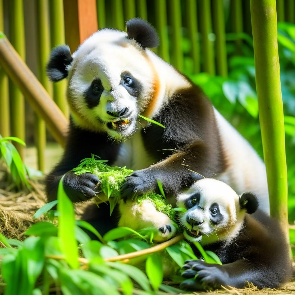 Female panda with her newborn baby eating bamboo