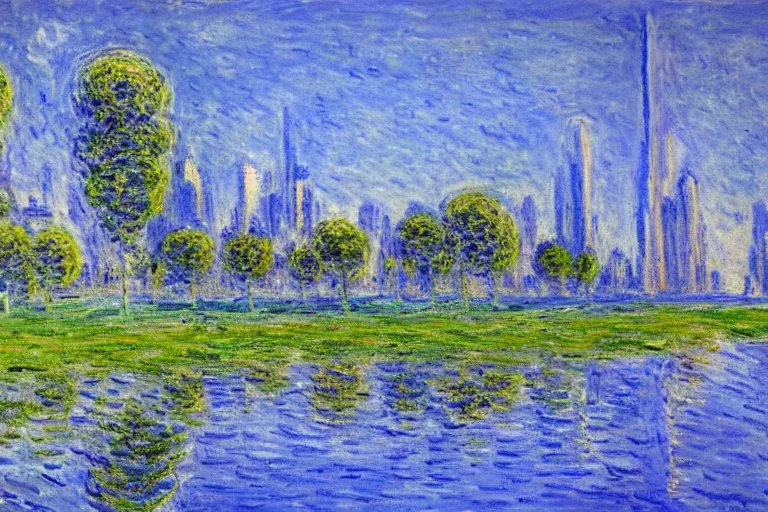 Sunny Day, futuristic buildings near the tree and lake zone, sci-fi, tendency to claude monet, realistic vision