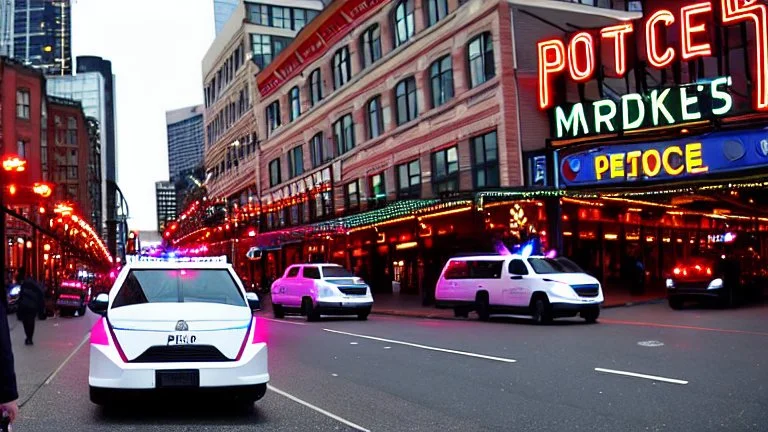 A police Tesla Cybertruck is chasing a Tesla 'Model S Plaid' at top speed, across the 'Pike Place Market', in Seattle. CINEMATIC. WIDE ANGLE LENS. PHOTO REAL.