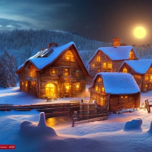 tiny fantasy farming village at night with wooden buildings in winter moonlight