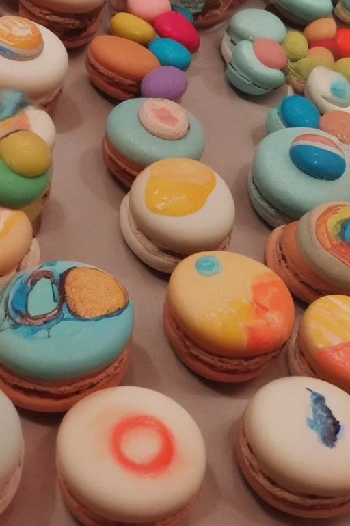 Mercury, Venus earth, Mars, Jupiter, Saturn, Uranus, Neptune made of macarons, candies and biscuits