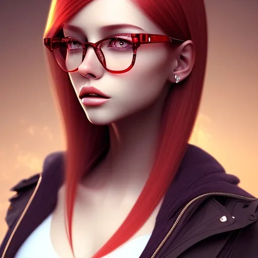 girl, glasses, red hair, very detailed