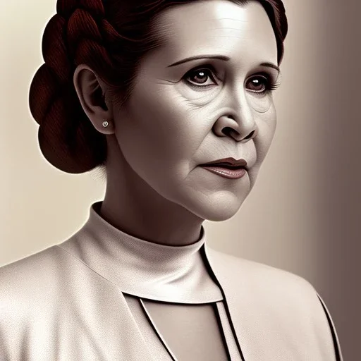 photo realistic zoomed out stunning photo realistic portrait of carrie fisher as Princess Leia in star wars with photo realistic fine and simple hairstyle, brown eyes, professional majestic photo realistic painting by Ed Blinkey, Atey Ghailan, by Jeremy Mann, Greg Manchess, Antonio Moro, trending on ArtStation, Intricate, High Detail, Sharp focus, dramatic, by greg rutkowski, realism, beautiful and detailed lighting,