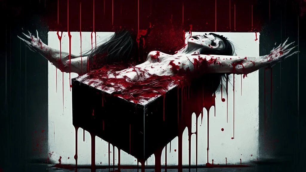 a gross woman covered in blood holding up a black rectangular box