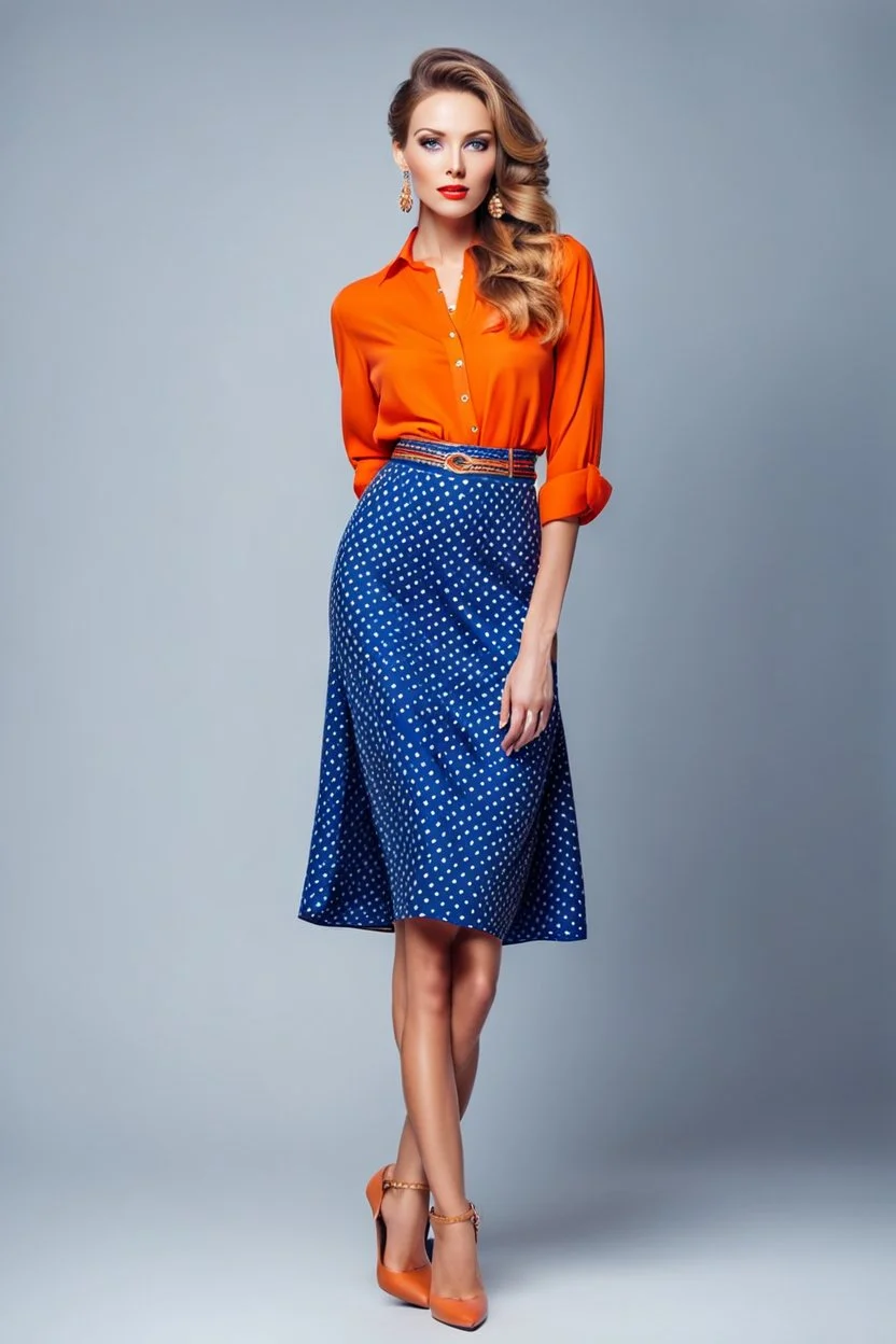 full body of very beautiful lady midi blue skirt and orange bluse , Braided hair ,standing idle happy pose in studio pretty makeup