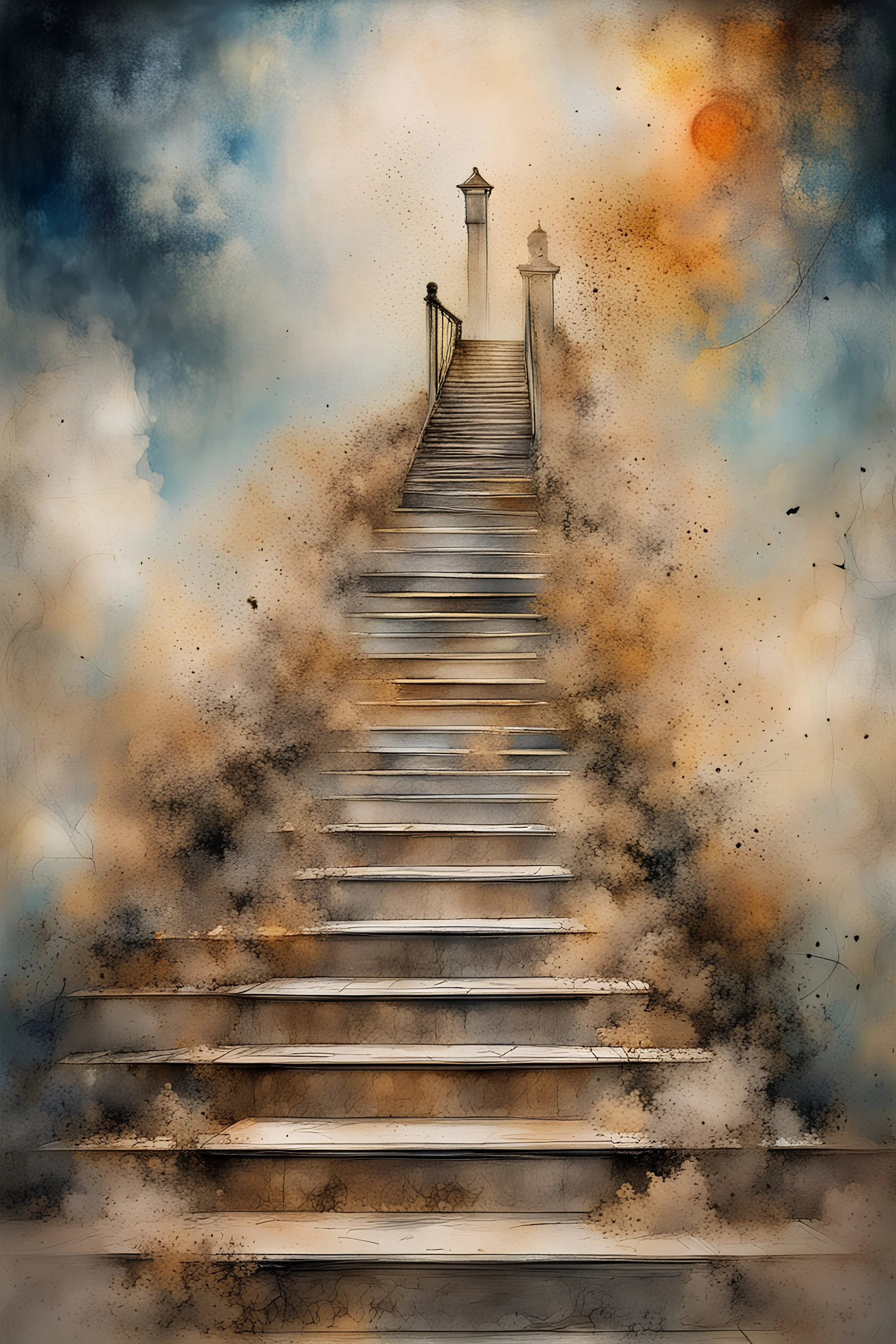 stairway to heaven, dust, scratches, ink, oil, pencil drawing, gouache texture, hieronymus bosch style, maximum detail, quality textures, bright lighting, 8k high resolution, Enhance