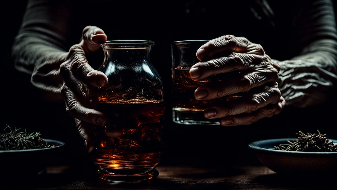 close up photo from an old woman's wrinkled hands holds one brown herb water in vintage water glass with , thriller, sinister , old witch interior, dark mood, perfect photo