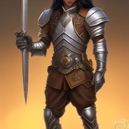 D&D character, male, long black hair, dark tan skin, artificer, holding gun, light armor, silver armor