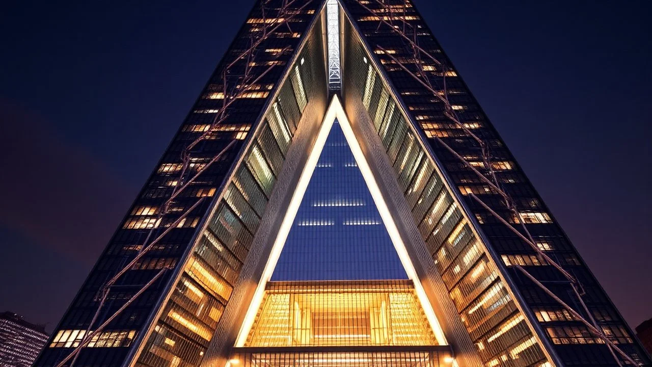 Skyscraper shaped like the letter 'A', with steel diagonal beams and a massive triangular atrium at its core, glowing at night.