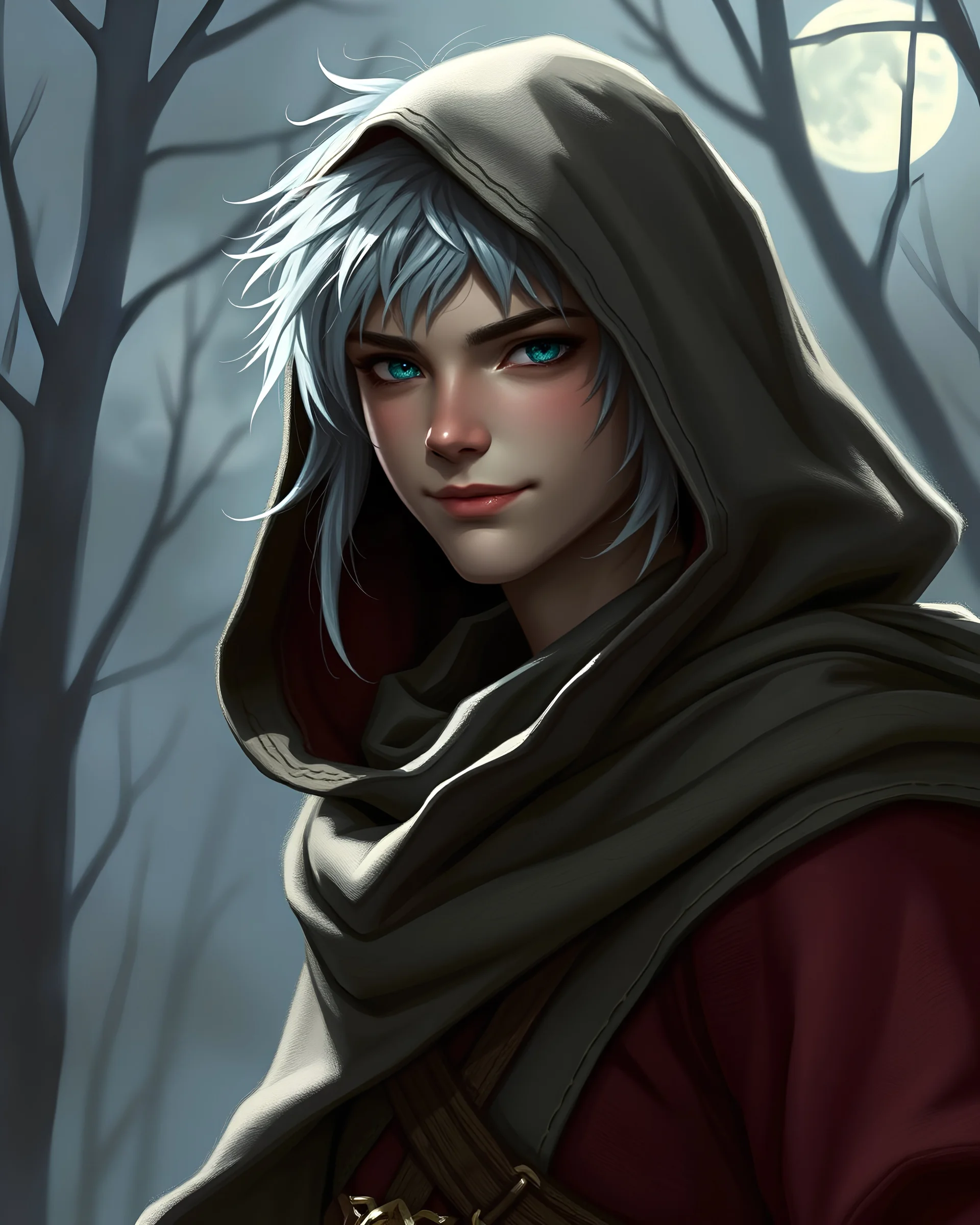 DND robed and hooded young male elf ranger gray skin very short silver hair smirk in moonlight