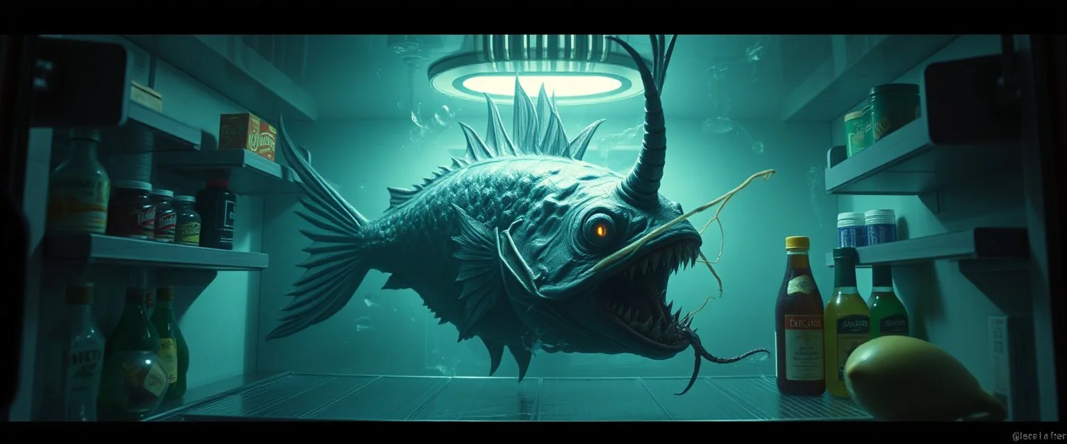final boss fish demon in the fridge in the style of giger and escher