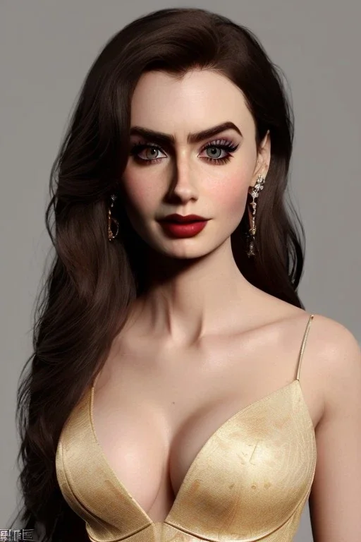 Portrait busty and face, Lilly collins face, brown eyes, wearing Womderfull dress,