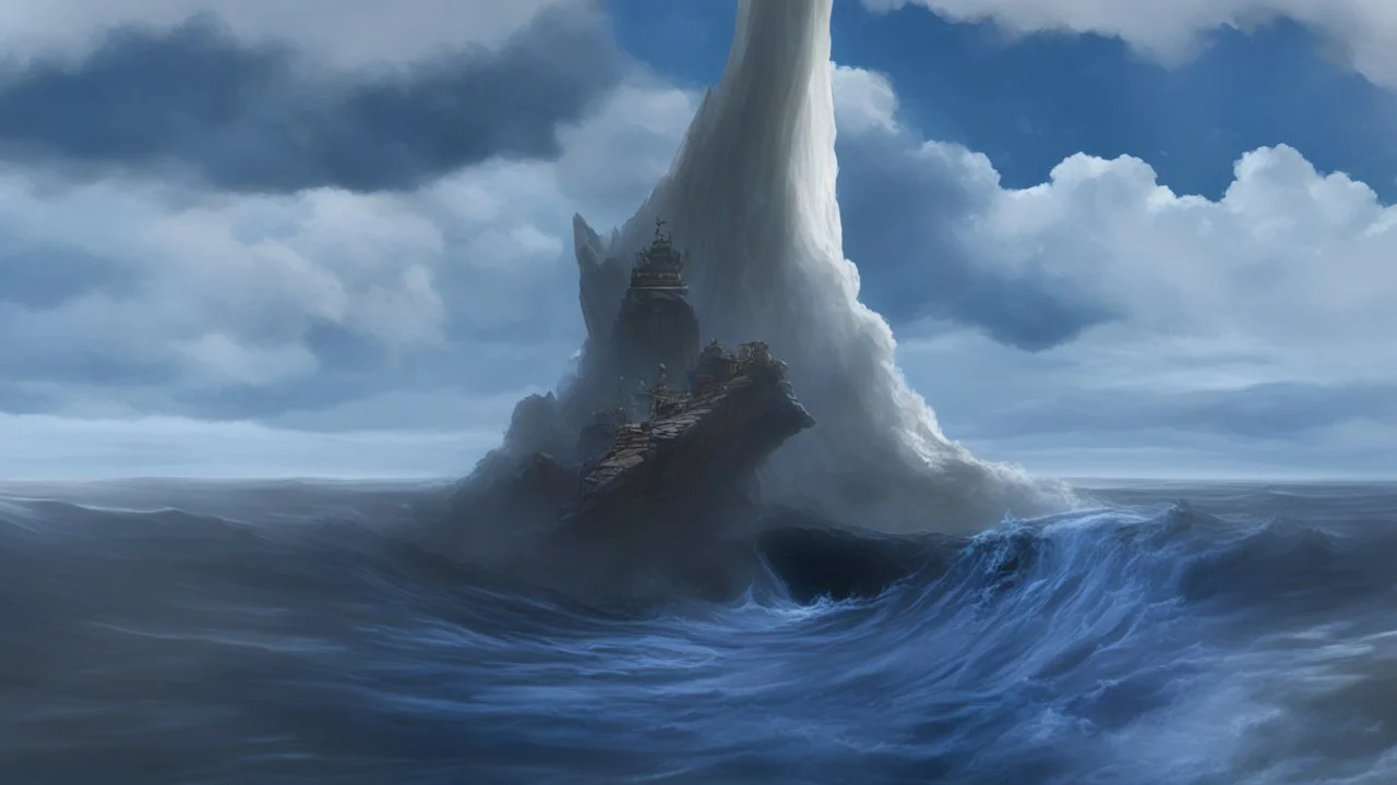 a twisting spire rises out of the raging sea, a whirlpool swirling into the base. treatcherous steps mark a path to the top. deep color, fantastical, intricate detail, splash screen, complementary colors, fantasy concept art, 8k resolution trending on Artstation Unreal Engine 5