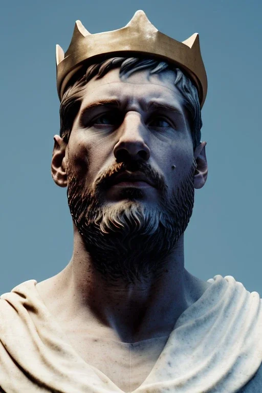 Ultra Realistic image, Roman sculpture, white marble material, Lionel Messi, gold crown of natural thorns, god crown, Renaissance style, sun rays background, waist up portrait, epic, celestial, cinematic lighting, God lights, 4k resolution, smooth details, soft lighting, unreal engine 5, art station, substance 3d.