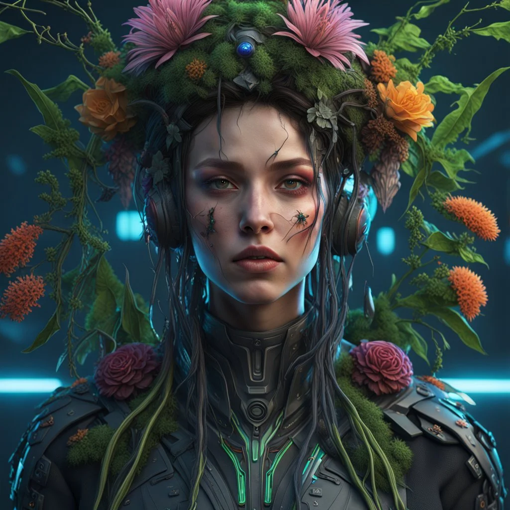 Expressively detailed and intricate 3d rendering of a hyperrealistic: woman, cyberpunk plants and flowers, neon, vines, flying insect, front view, dripping colorful paint, tribalism, gothic, shamanism, cosmic fractals, dystopian, dendritic, artstation: award-winning: professional portrait: atmospheric: commanding: fantastical: clarity: 16k: ultra quality: striking: brilliance: stunning colors: amazing depth