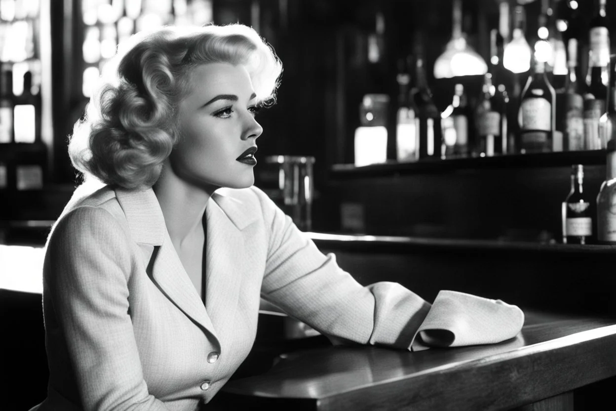 a profile view of Norma Jeane, a.k.a. the young Marilyn Monroe, She is sitting at a bar, elegant and sad, on a high stool. It is noon, and the light is streaming in, she is sad