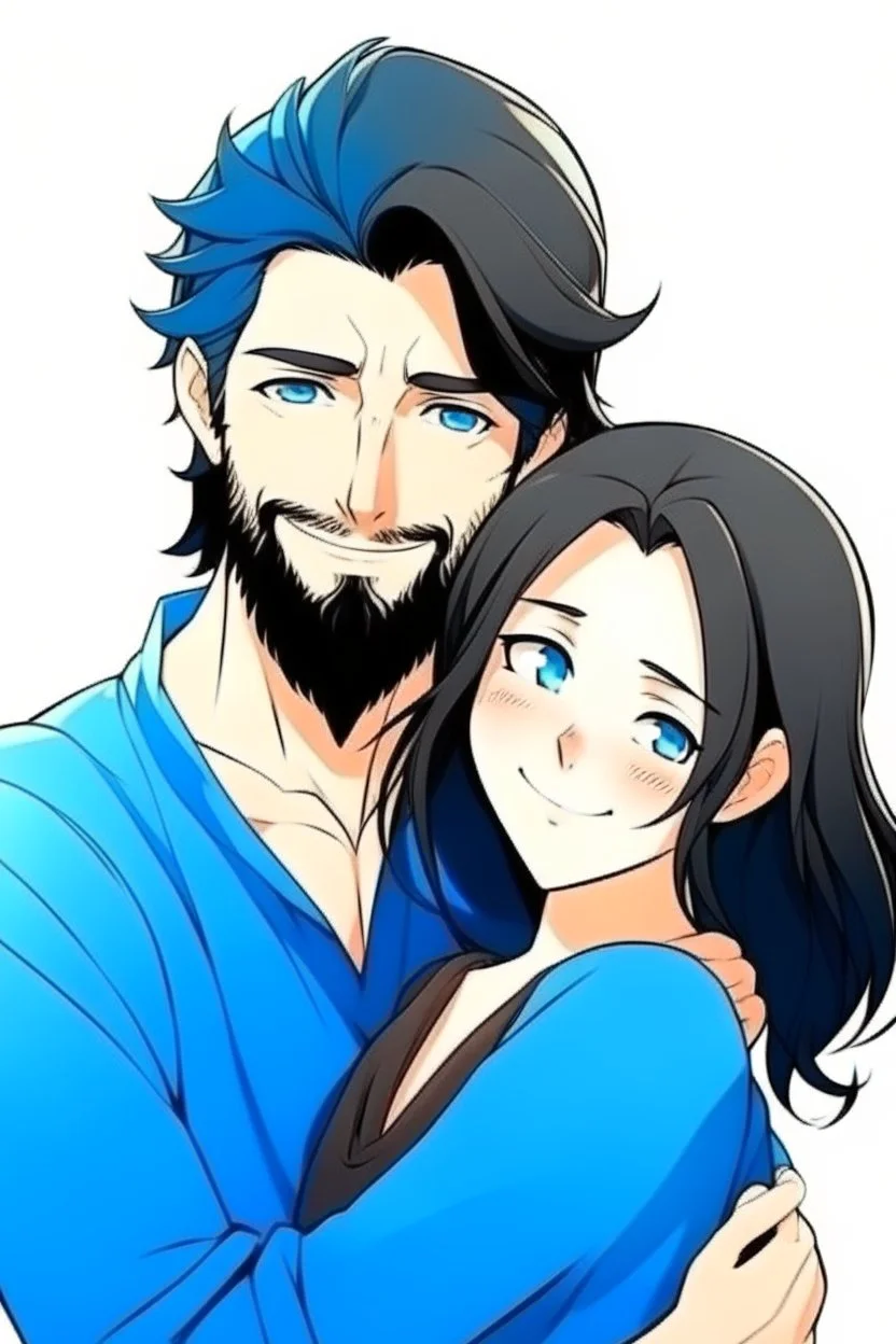 Anime man with beard, handsome and happy, holding wife (black hair and blue eyes). Romantic and in love