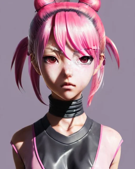 Detailed cute anime Kunoichi girl, pink hair buns, pink bangs, black latex bodysuit, intricate details, full body portrait, keep head in frame, slight smile, black Japanese motif, concept art, highly detailed, digital painting, concept art, sharp focus, illustration, art by Yoji Shinkawa, WLOP and greg rutkowski and alphonse mucha and artgerm and yanjun Chen and Junji ito and Makoto Shinkai, HDR, octane render