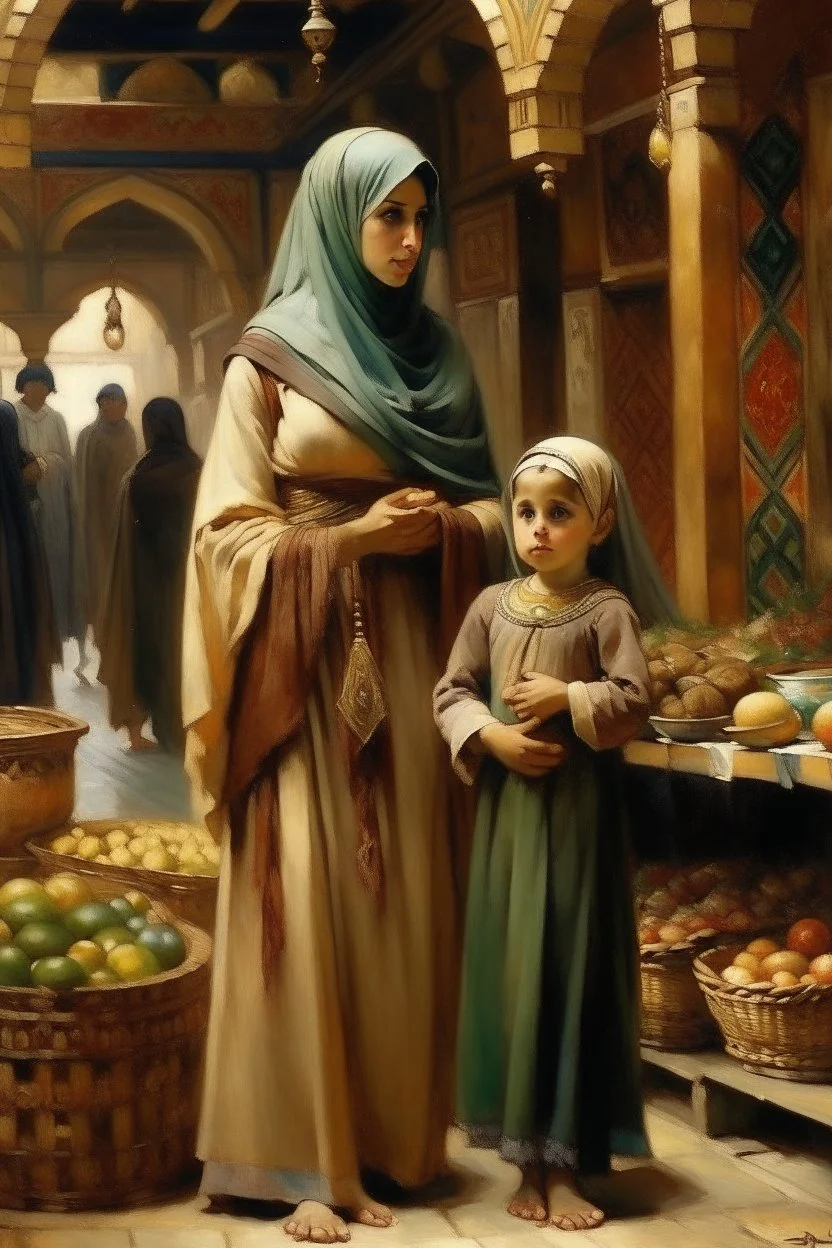 oriental arabic woman with child standing in market looking at a table painting neoclassism