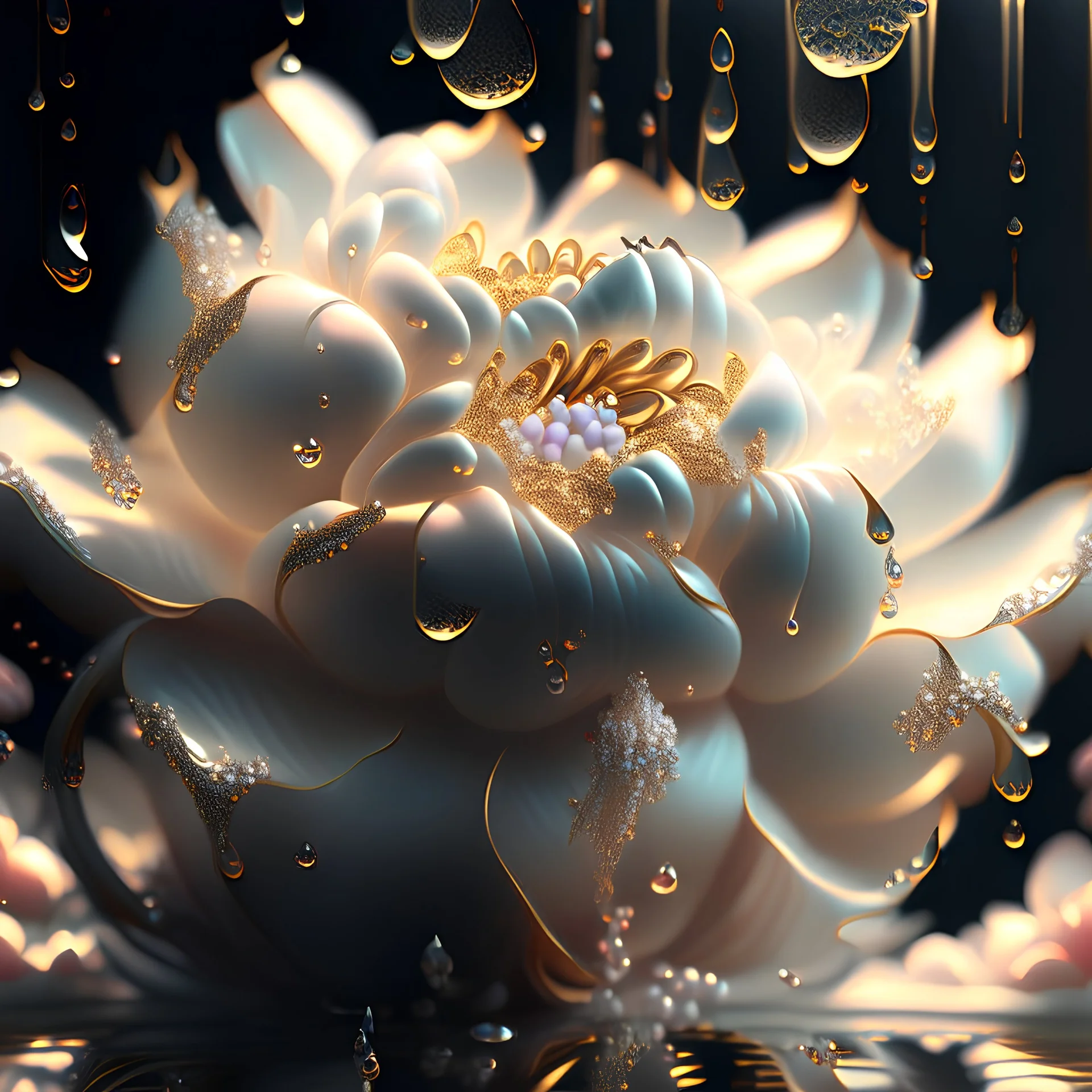 The God flower, wavy big petals with pearls dripping from them like tears, opulent and ornate, backlit, midday, hyper realistic, super detailed, award winning photo, ethereal, tyndall scattering, octane render