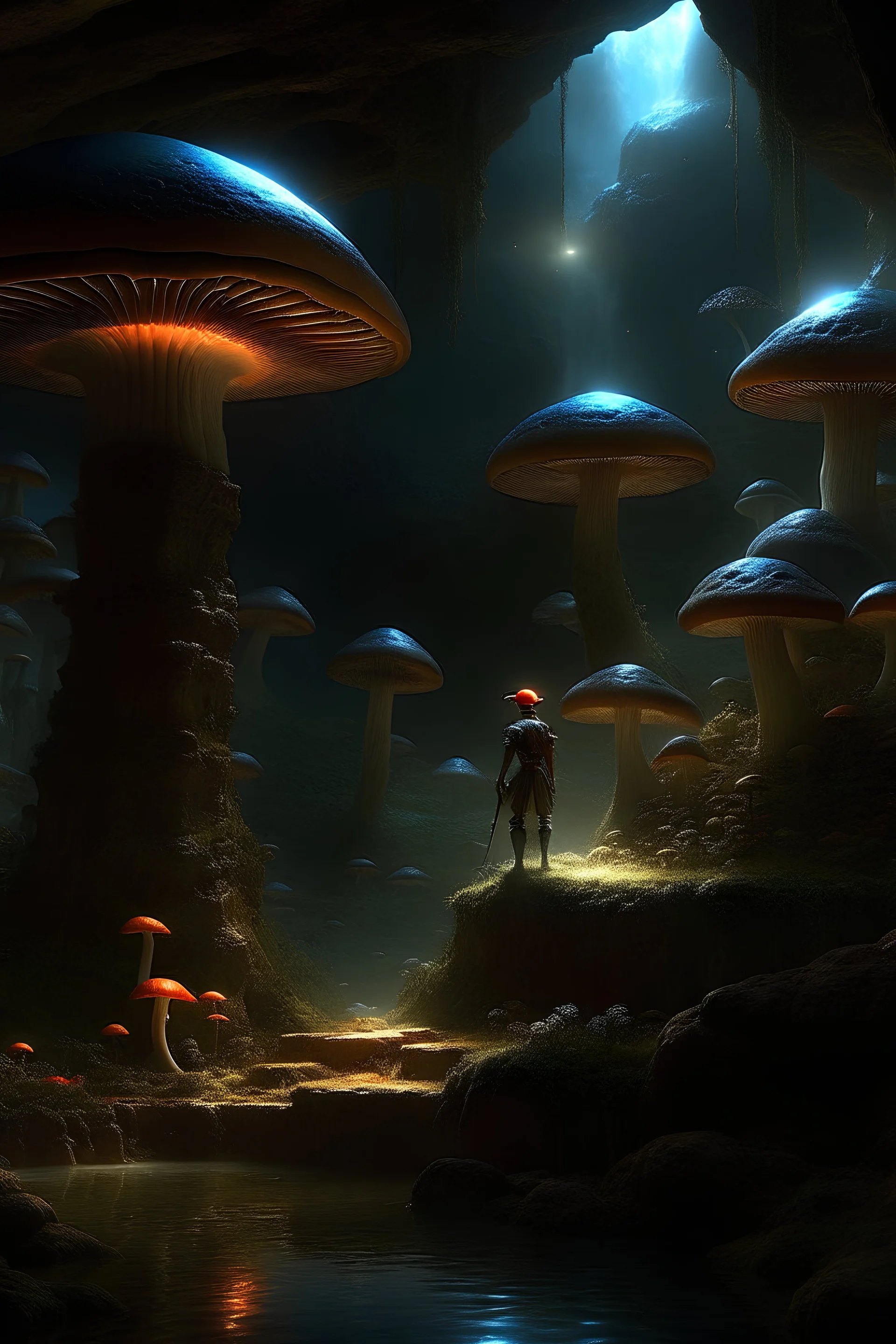 Digital art, high quality, digital masterpiece, natural illumination, night,night illumination, spotlight, realistic, film style, beautiful, (full body:3), (1 fantasy mushroomman, with arms:3), (stoic face:1.8), (Towers emerging at background:1.8), (In a cave:1.5), (Crown:1.6), (Dark:2), perfect hands