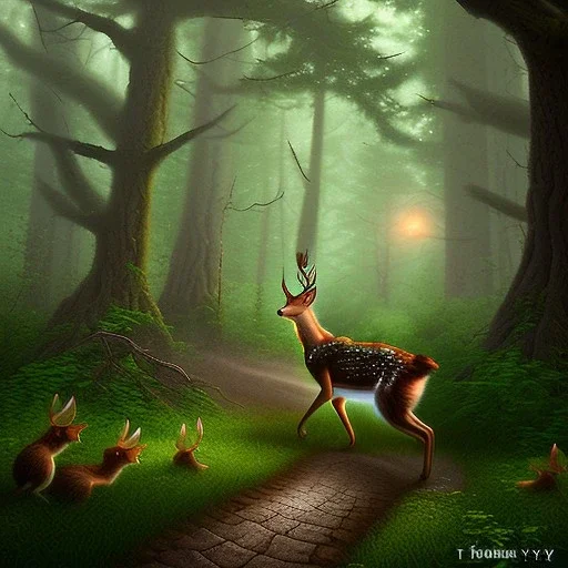 fantasy art, book illustration, "As you ride deeper into the forest, you begin to see signs of wildlife. A deer dashes across the trail ahead of you, and you hear the rustling of leaves as a squirrel scurries up a nearby tree. "