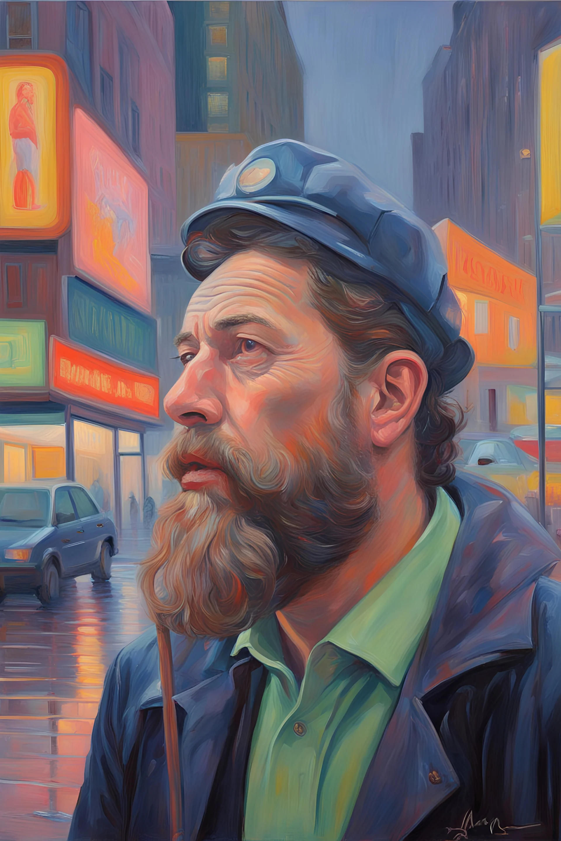 Maria Lassnig oil painting a dreaming beard Actor in the 80's in piccadilly neon lights during rainy day oil painting, by anna Pugh oil painting