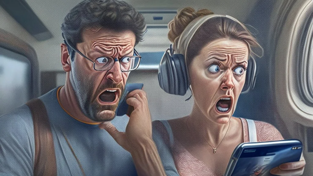 photorealistic man with woman at home on phone upset being put on the NO FLY list