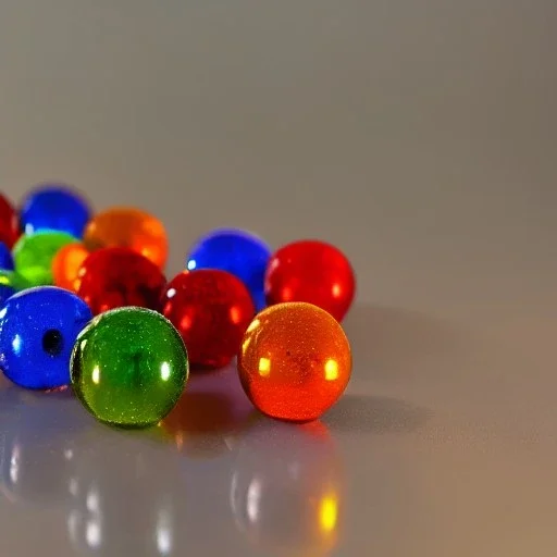 7 Glass beads in different colors on a table, daylight lighting from window. 45 degree viewing angle. Background is a room with bokeh. ultra photorealistic