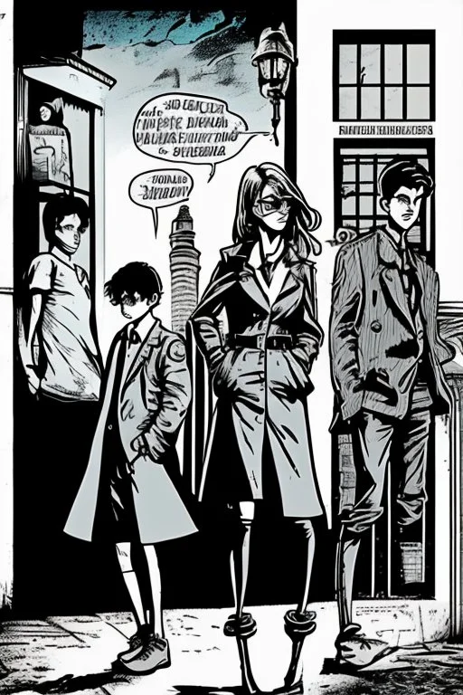 Design a detective book cover for teenagers. Three teenage detectives in the centre, one boy on her left, the girl in the centre and one on her right are on the town street. Black cat. Banksy style, modern comic book style, mysterious atmosphere,