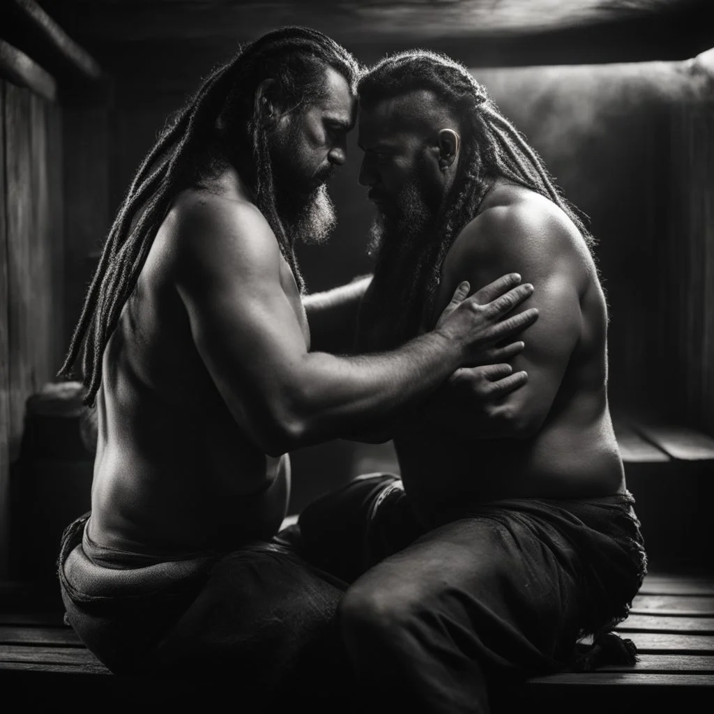 half figure shot photography of two angry gipsy 41 years old burly chubby ugly men embracing tightly from back, praying forward, dreadlocks, shirtless, in a sauna full of steam, dim lights, side light, ambient occlusion,