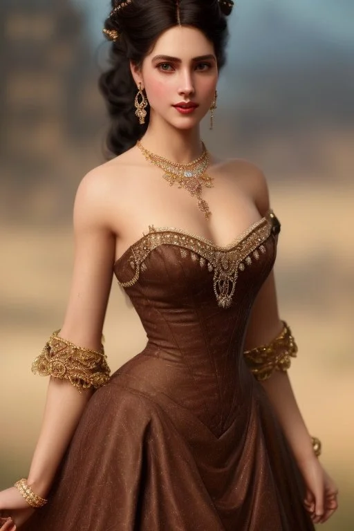 long shot beautiful and gorgerous duchess with incredible jewellery in 19th century clothing by Greg Rutkowski and Artgerm and Emile Vernon and Vladimir Volegov, in a brown dress, mystical castle background, art illustration, natural beauty, muted colors, pastels, perfect fingers, higly detailed, expressive, high detail, symmetrical, digital painting, symmetrical eyes, dynamic lighting, artstation, cinematic lighting, intricate artwork, emitting diodes, smoke, artillery, sparks, racks, system u