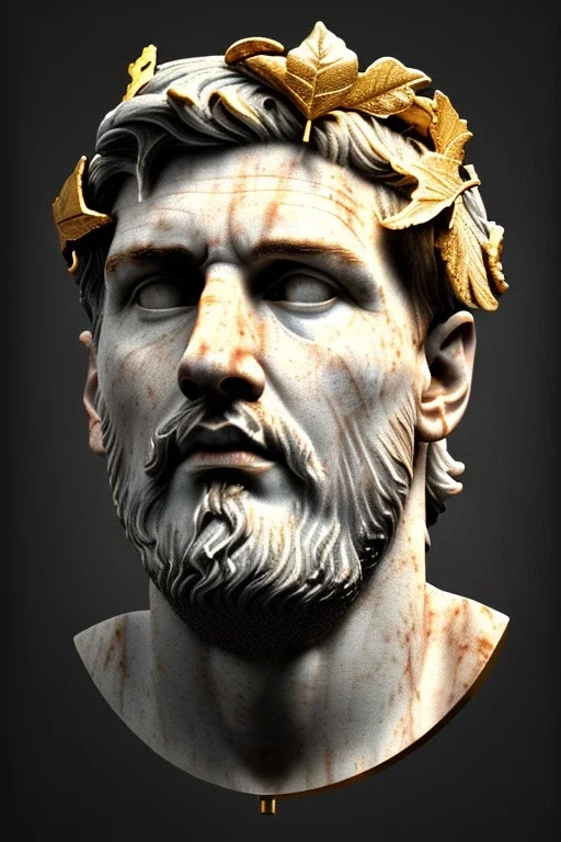 Ultra Realistic image, Roman sculpture, clean white marble material, Lionel Messi, gold Laurel leaves wreath, renaissance ornaments, one gold star, sun ornament, sun rays background, chisel style, waist up portrait, emperor style, epic, celestial, cinematic lighting, God light, god rays, 4k resolution, smooth details, ornate details, soft lighting, unreal engine 5, art station, substance 3d.