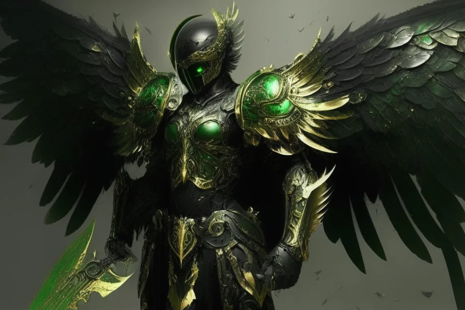 armadura negra y verde de alas de angel peleando con un angel dorado
