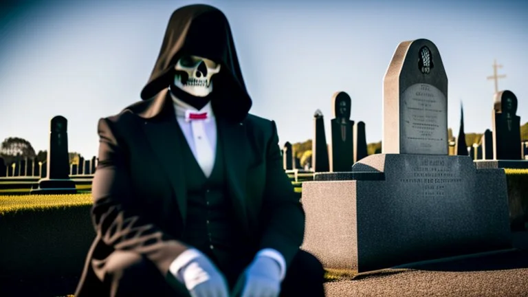 photo of a hoodless grim reaper wearing a suit, highlighting shiny areas of the skull, sitting outside a cemetery with a welcome sign, wearing suit, rim lighting, studio lighting, looking at the camera, dslr, ultra quality, sharp focus, tack sharp, dof, film grain, Fujifilm XT3, crystal clear, 8K UHD, clean, orange evening lighting