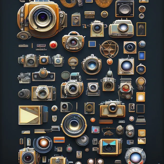 components of the camera laid out flat. poster design. high detailed. oil on canvas.