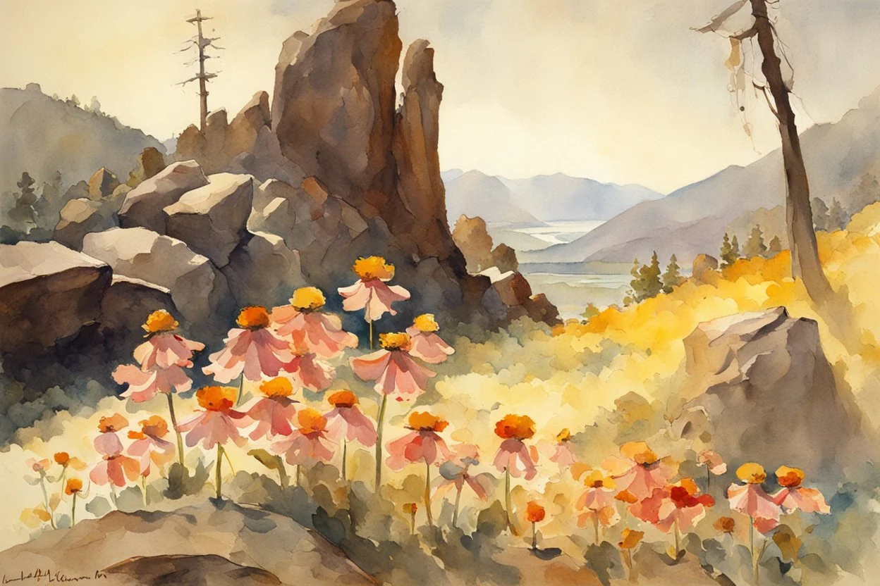 Sunny day, flowers, mountains, rocky land, fantasy, sci-fi, winslow homer watercolor paintings