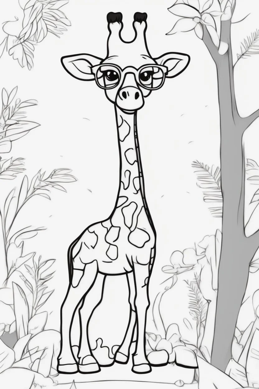 Outline art for cute coloring pages with giraffe with glasses, full body, white background, sketch style, only use outline, clean line art, no shadows and clear and well outlined.