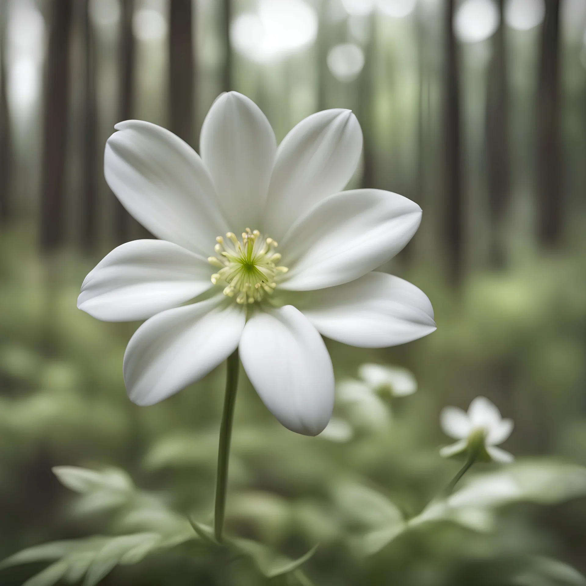 Wild white flower, growing in the forest, close-up, blurred background