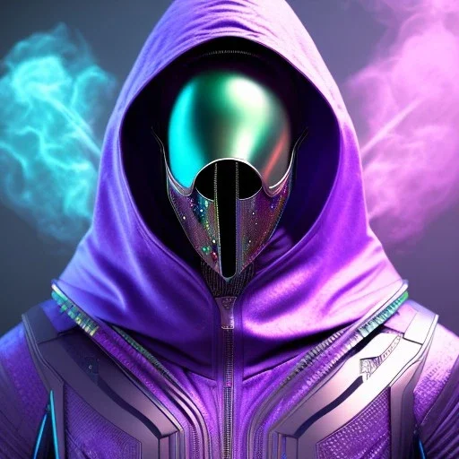 purple galaxy masked hooded super villain, futuristic, teal and purple smoke, full portrait, hyper realistic, 4k