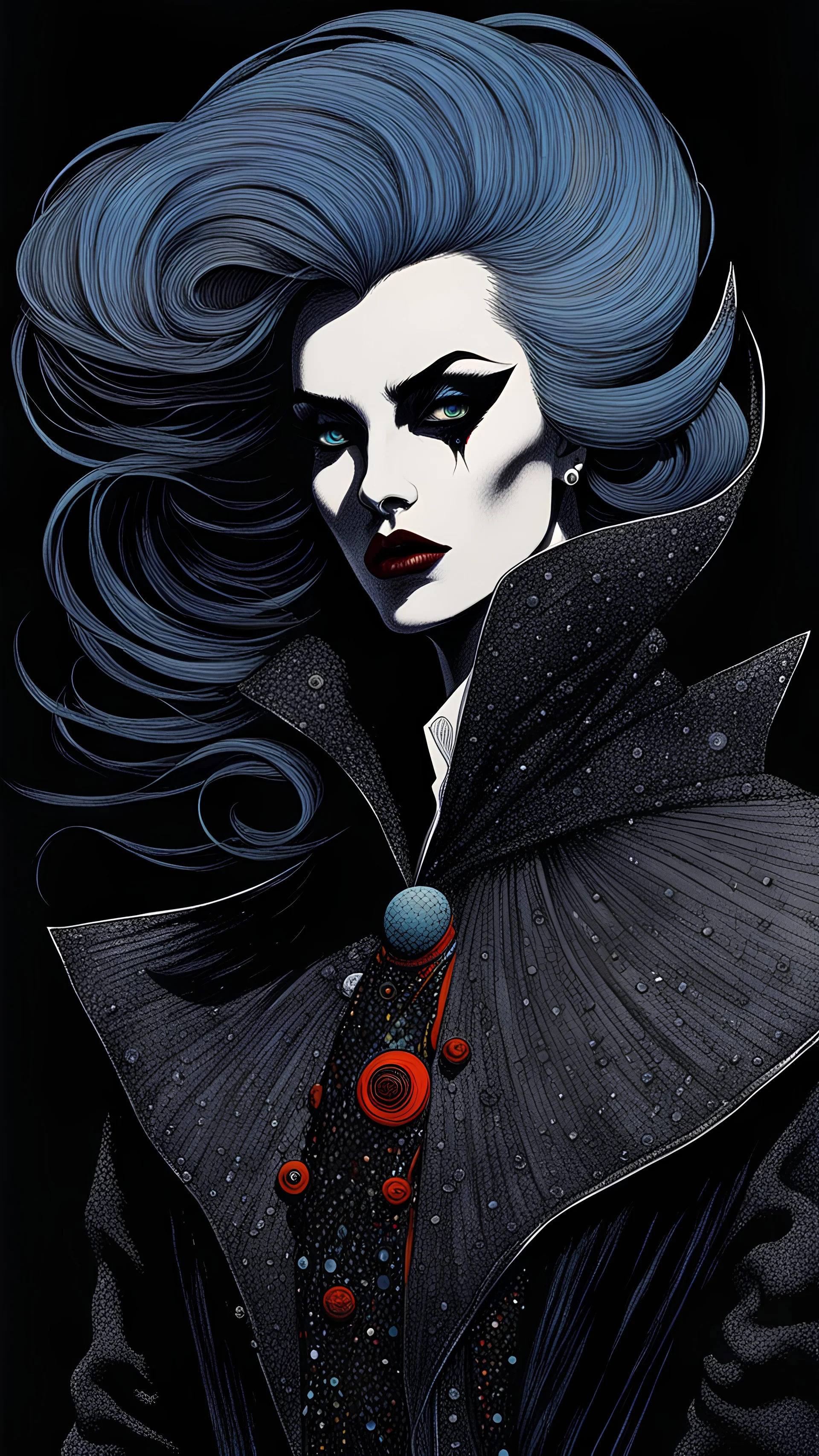 Jean- Giraud Moebius, Max Ernst, surrealistic Vogue style, ink oil fashion illustration, (full body, close up, shot:1.6), haute couture, goth vampire girl with highly defined hair and facial features, black mascara, broad brushstrokes, energetic, highly detailed, boldly inked, vivid natural color, on black background